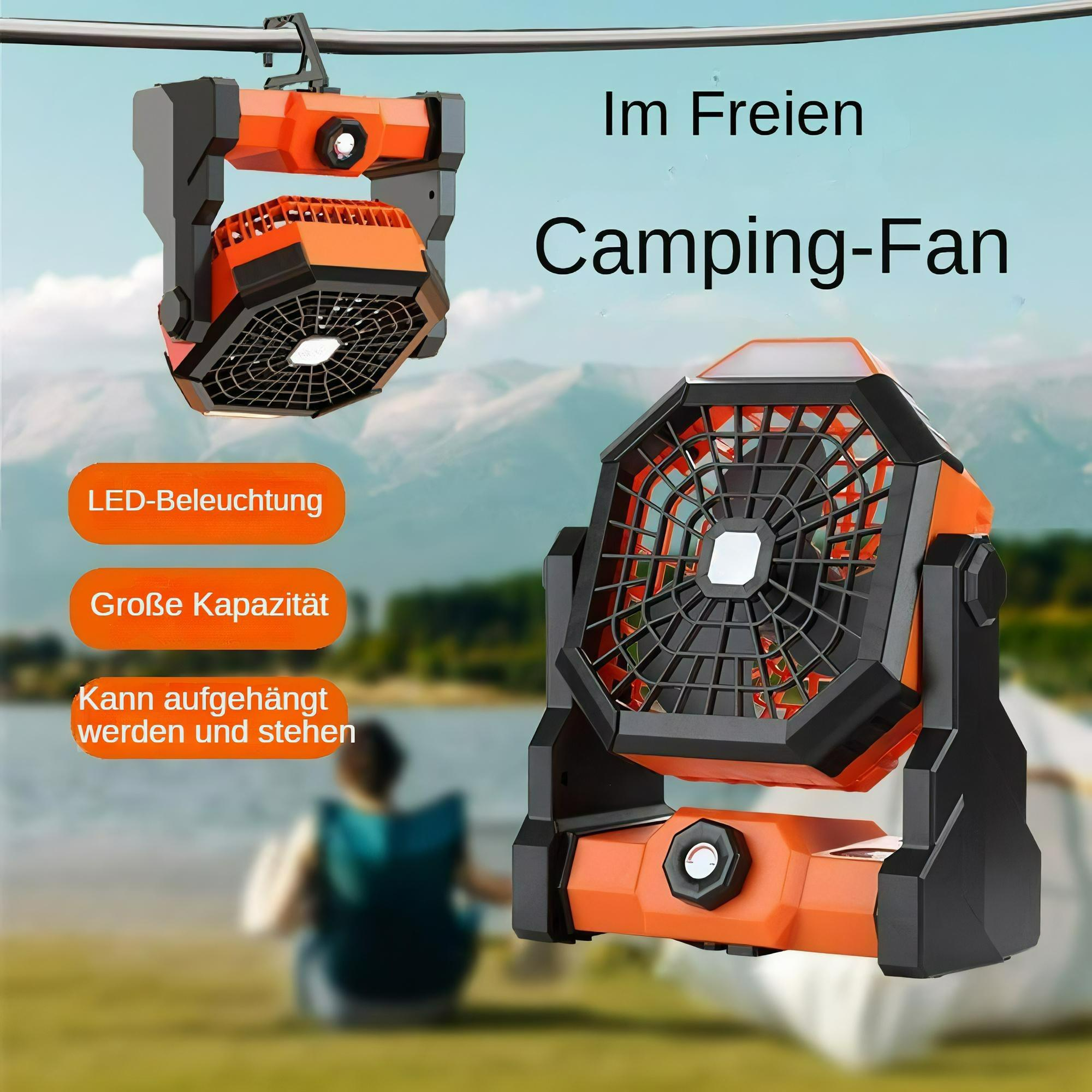Ein orangefarbener tragbarer Ventilator mit Licht oben, mit einer Campingszene im Hintergrund.