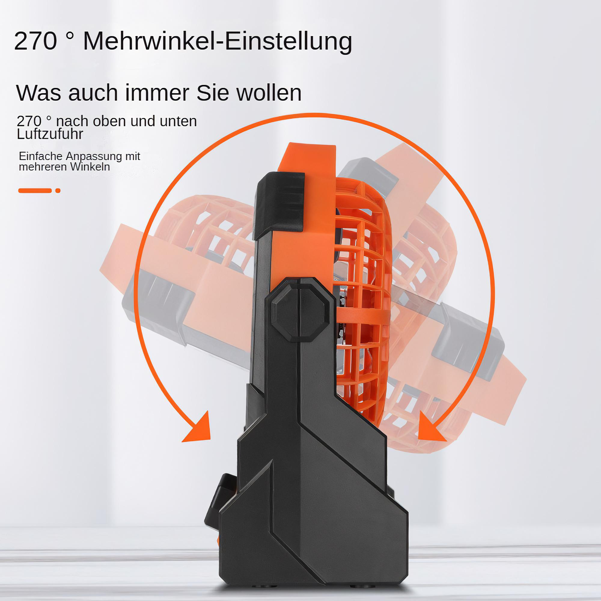 Ein orangefarbener und schwarzer Ventilator. Pfeile zeigen seine vielfältigen Einstellwinkel.
