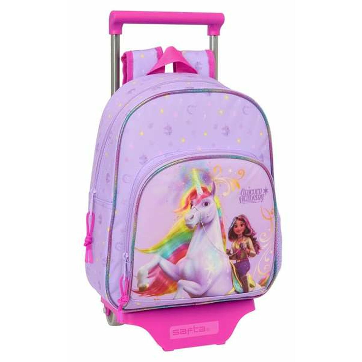 Ein Rollrucksack mit Einhorn und Mädchen. Text: Unicorn Academy, Safta.