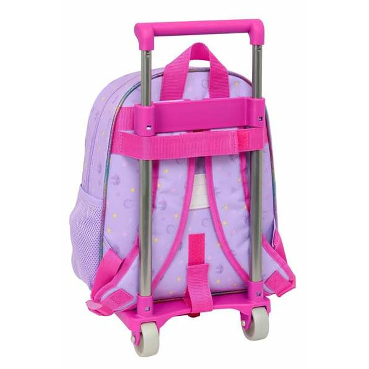 Die Rückseite eines Rollrucksacks mit pinkem Rahmen und Trägern.
