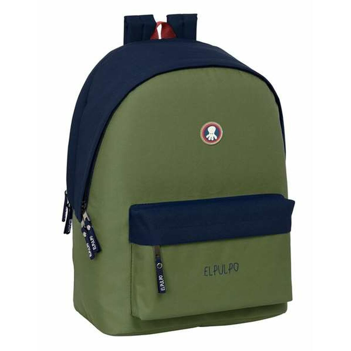 Olivenfarbener und marineblauer Rucksack mit Vordertasche und Oktopus-Logo.