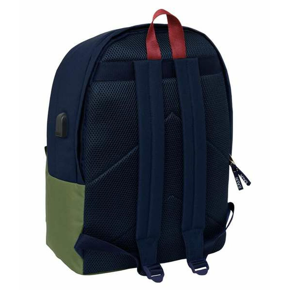 Marineblauer und olivgrüner Rucksack mit Mesh-Rücken und roten Riemen.