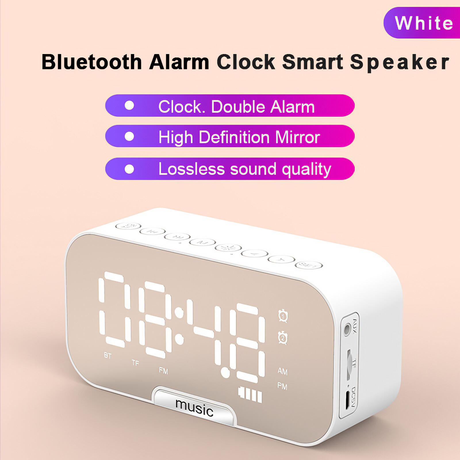 Weißer Bluetooth-Wecker mit Spiegelanzeige, die 08:48 anzeigt.