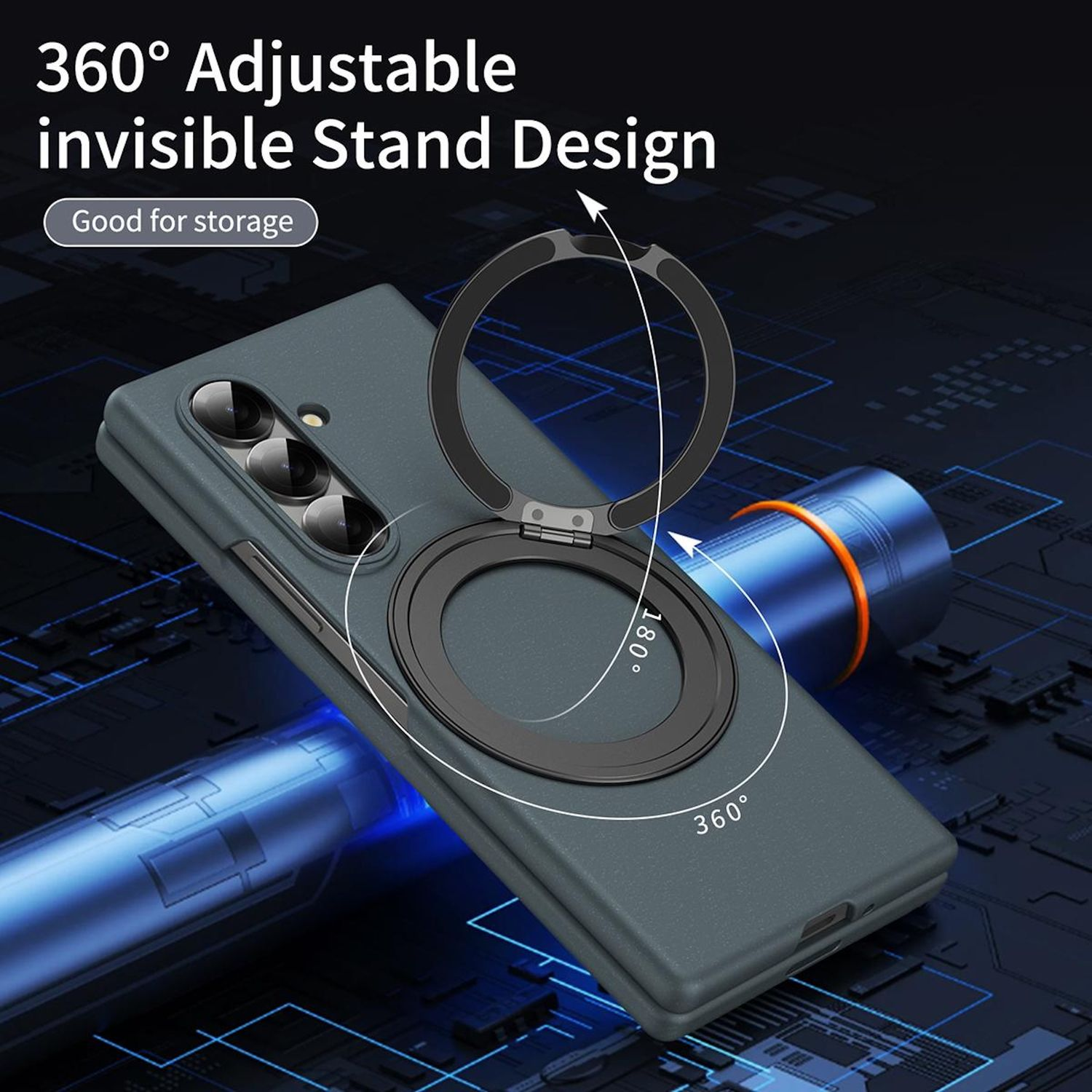 Eine dunkelgraue Handyhülle mit einem drehbaren Ringständer. Der Hintergrund ist ein dunkler Farbverlauf mit blauem Tech-Design.