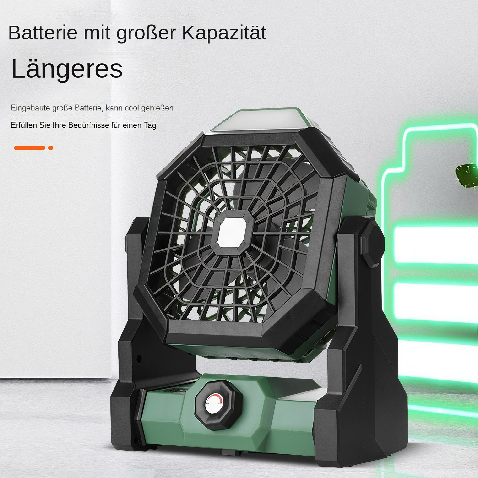 Ein grüner und schwarzer Ventilator mit einem weißen Licht oben. Der Hintergrund ist weiß mit grünen Akzenten.