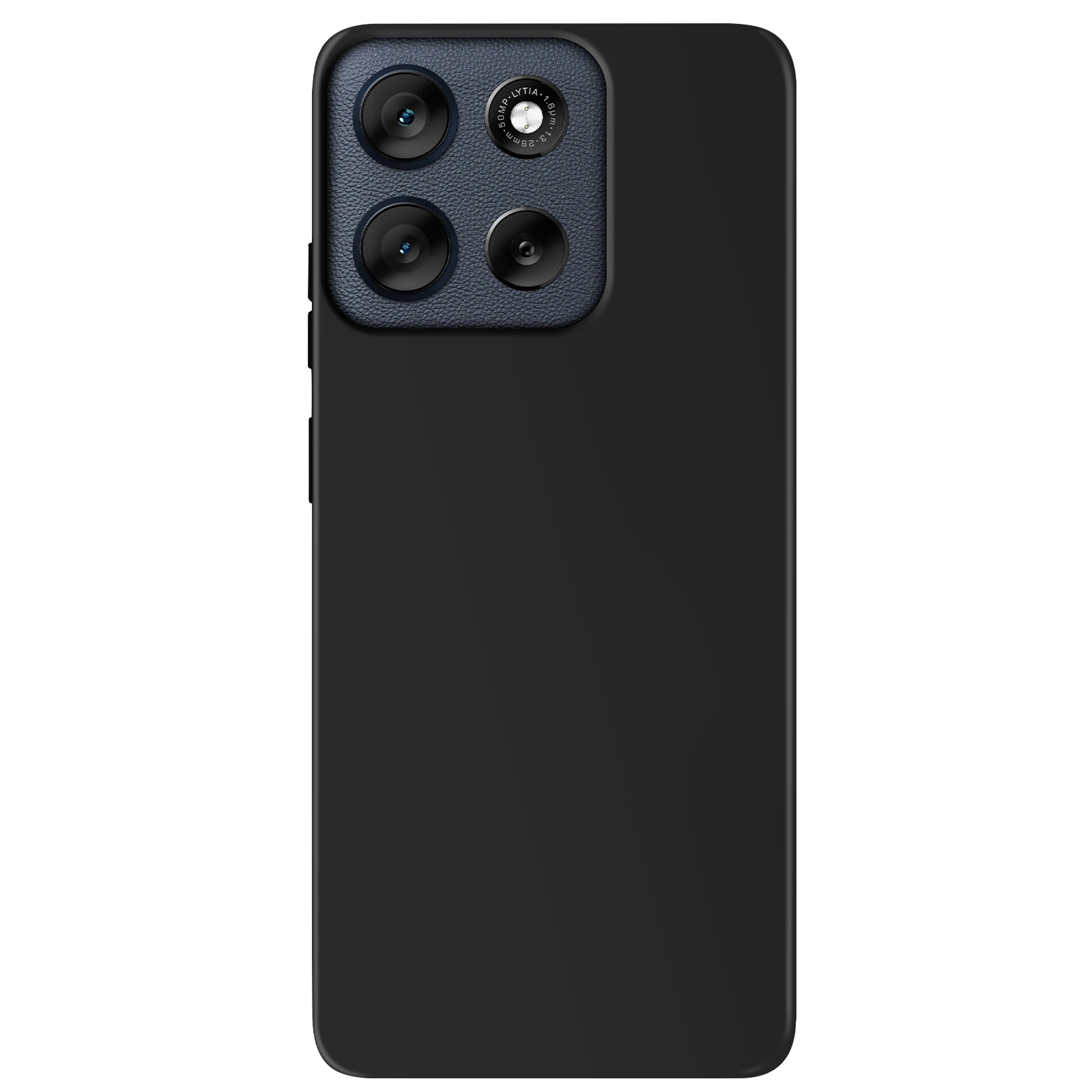 Zwarte smartphone met meerdere camera's in een donkerblauwe vierkant op de achterkant.