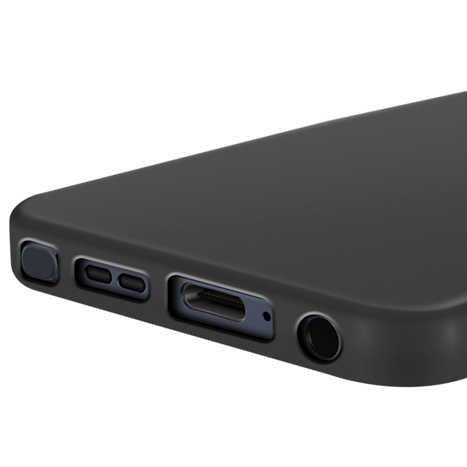 Close-up van de onderkant van een zwarte smartphone. Poorten en gaten zichtbaar.