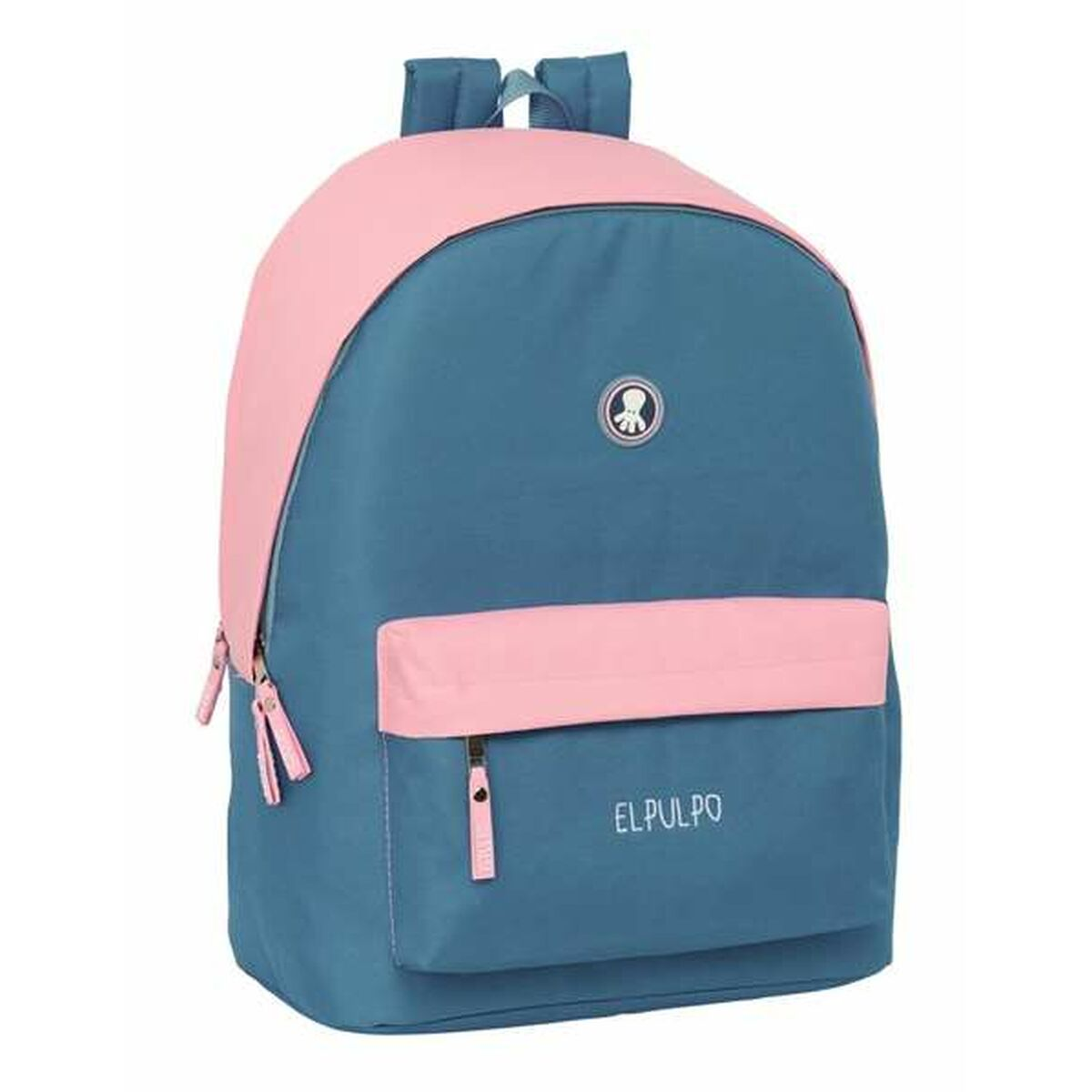 Blau-rosa Rucksack mit Vordertasche. Der Text: ELPULPO steht auf der Vordertasche.