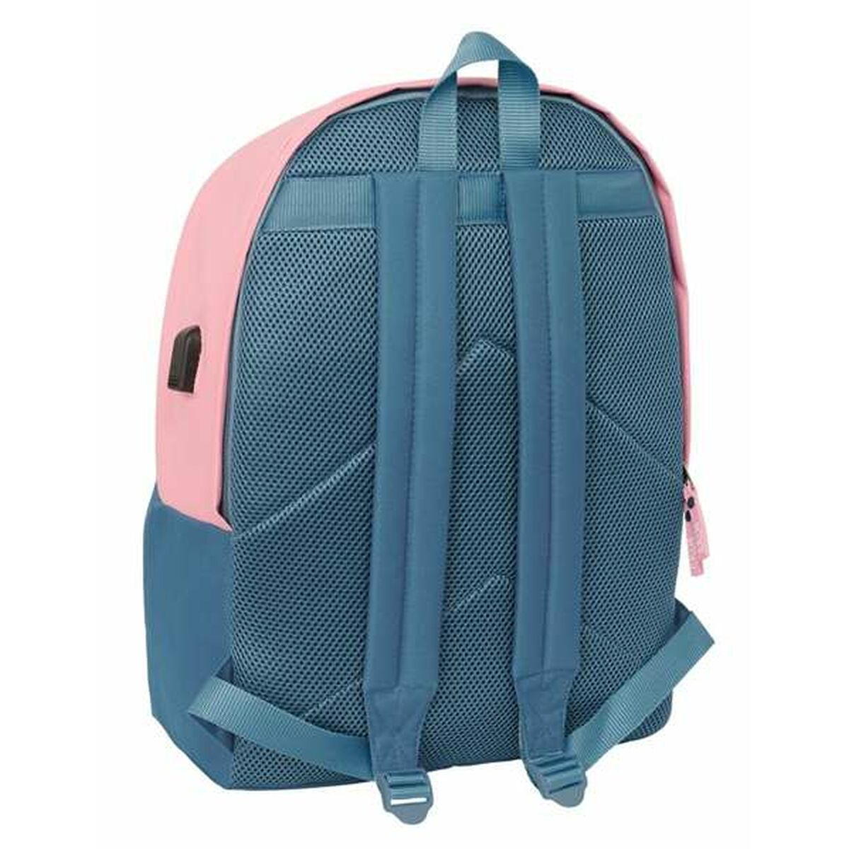 Rückseite eines blau-rosa Rucksacks. Blaue Träger und Mesh-Rücken.