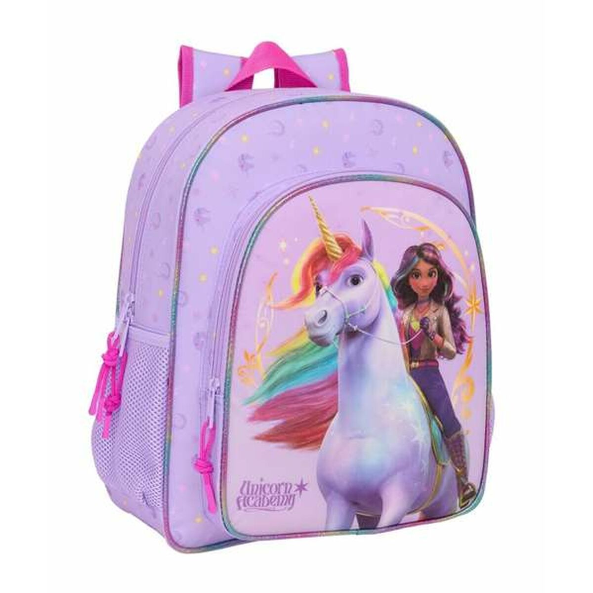 Ein lila Rucksack mit einem Mädchen, das auf einem Einhorn reitet, verziert mit Sternen und dem Logo 'Unicorn Academy'.