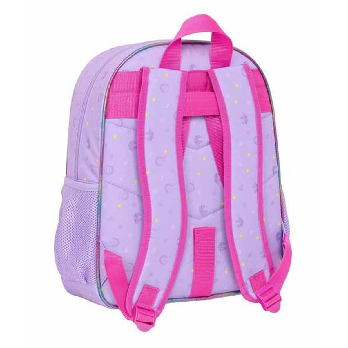 Ein lila Rucksack mit rosa Trägern und Akzenten, mit einer Netztasche an der Seite und verstellbaren Schultergurten.