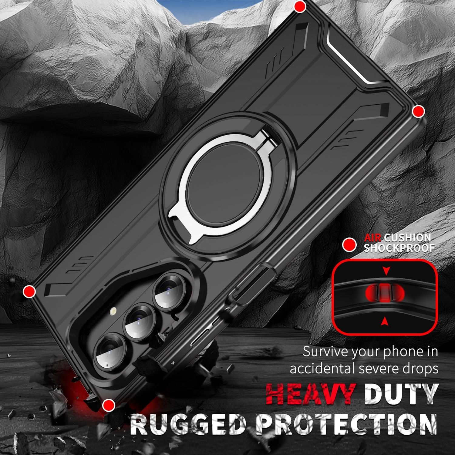 Una funda resistente negra para teléfono con un soporte de anillo, diseñada para una protección de alta resistencia contra impactos.