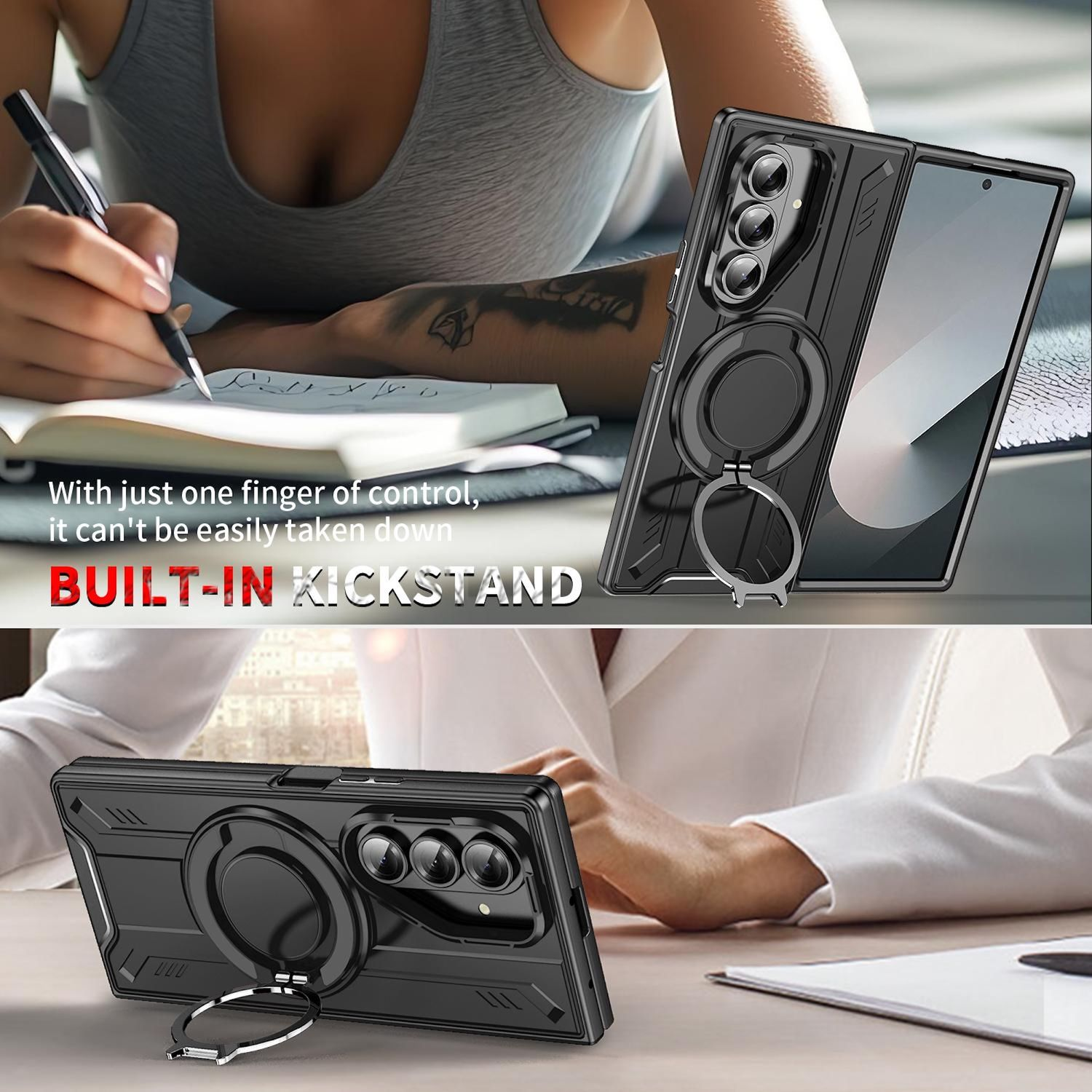 Una funda negra para teléfono con soporte incorporado, que se muestra en uso con una mujer escribiendo al fondo.