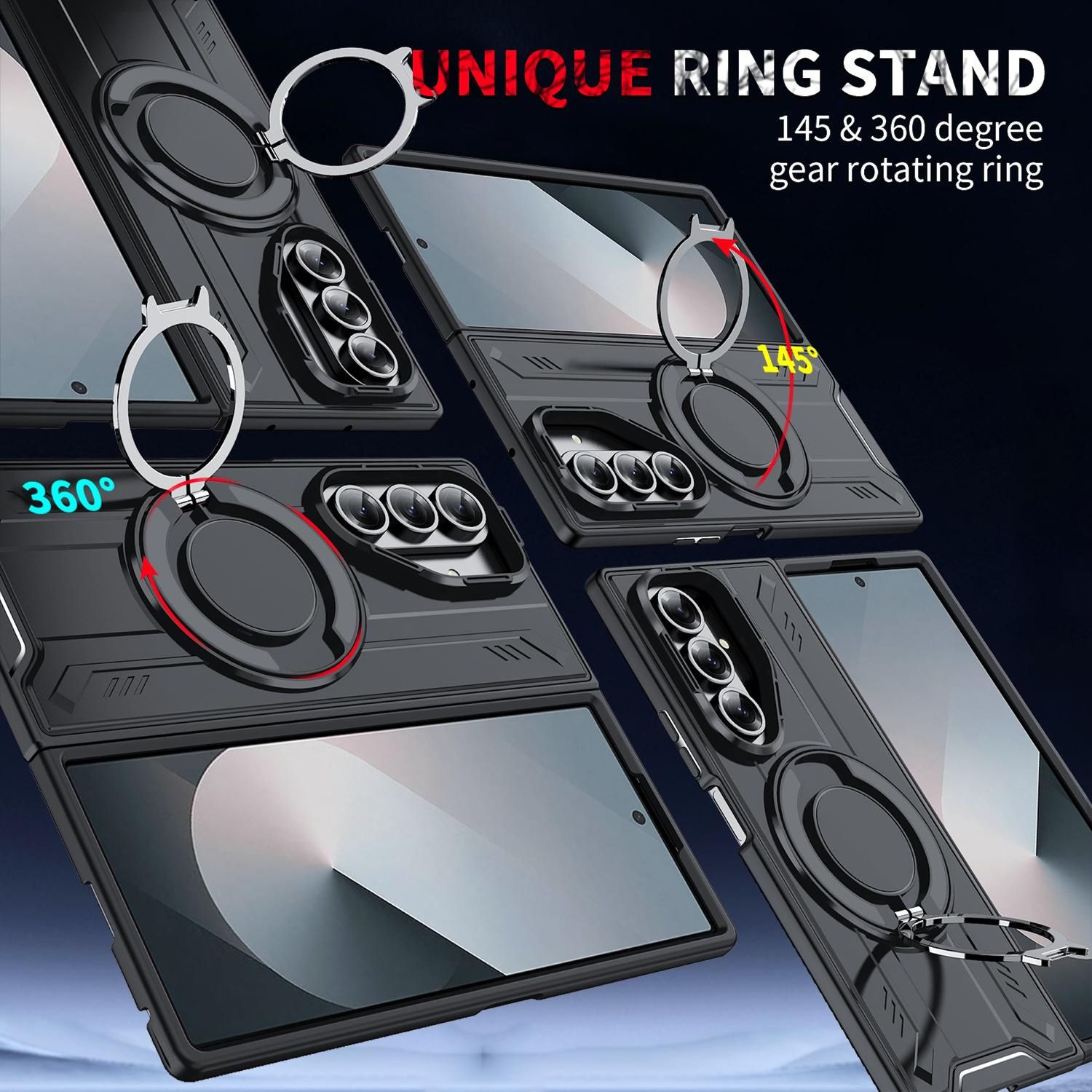 Múltiples vistas de una funda negra para teléfono con un soporte de anillo único que gira 145 y 360 grados.