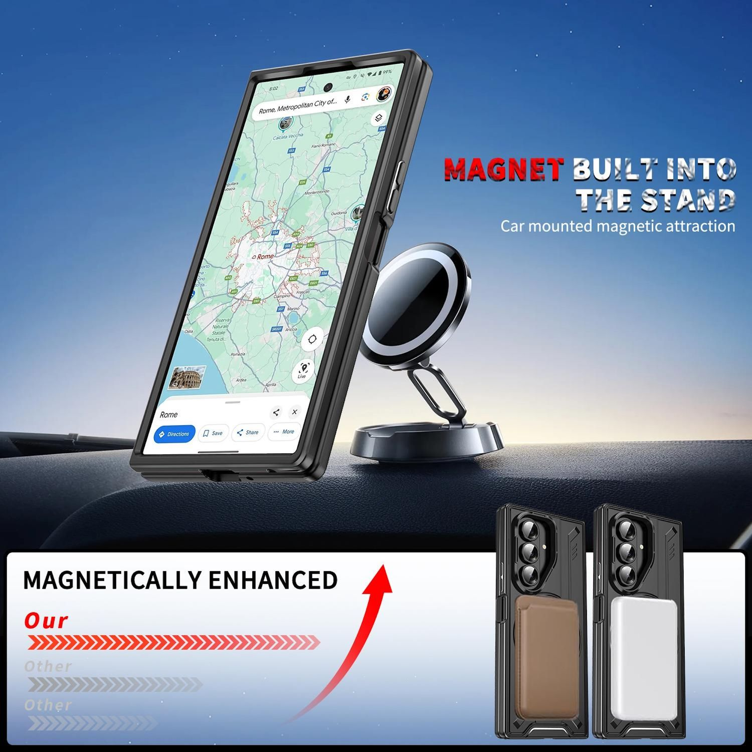 Una funda negra para teléfono con soporte magnético, que muestra un mapa en la pantalla y es compatible con un soporte magnético.