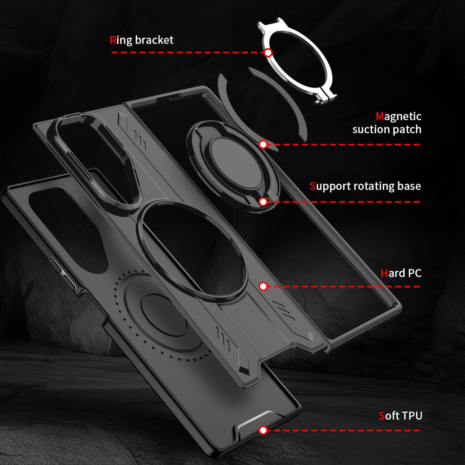 Una vista explosionada de una funda negra para teléfono, que muestra sus componentes como el soporte de anillo y el parche magnético.