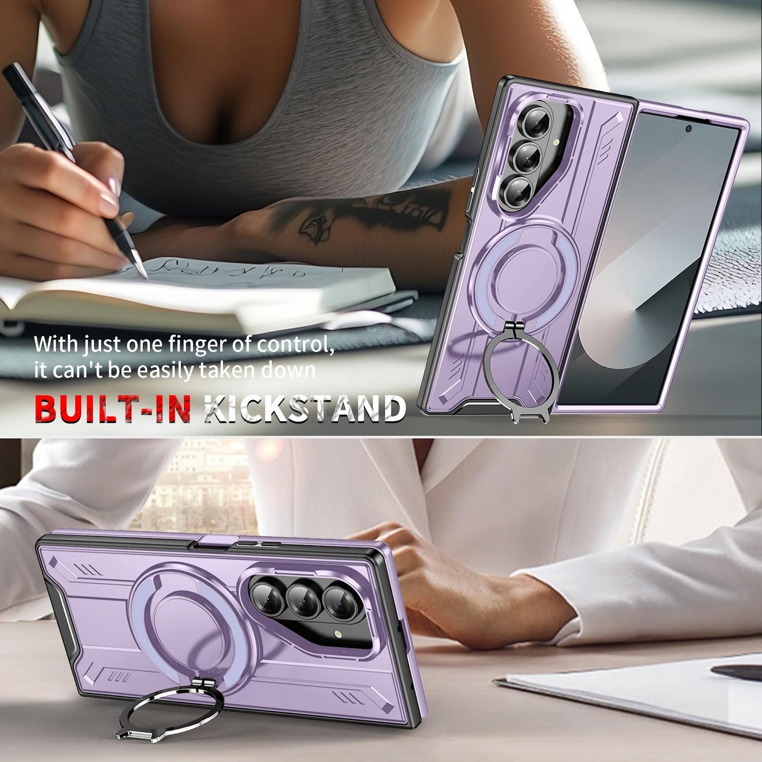 Una funda de teléfono púrpura claro con un soporte de anillo, que se muestra en dos entornos diferentes.