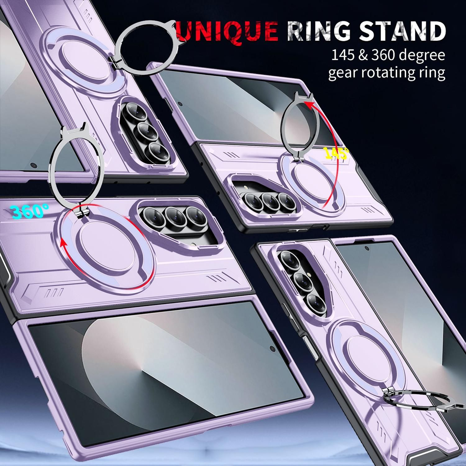 Múltiples vistas de una funda de teléfono púrpura claro con un soporte de anillo giratorio.