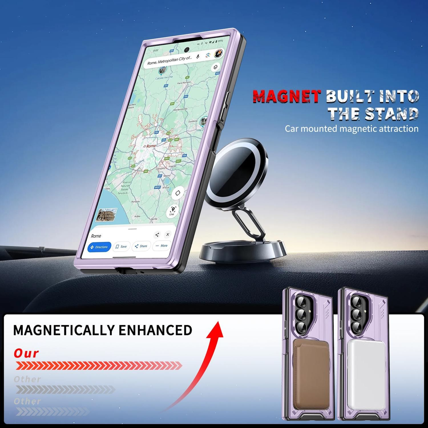 Una funda de teléfono púrpura claro con un soporte magnético, que muestra un mapa en la pantalla del teléfono.