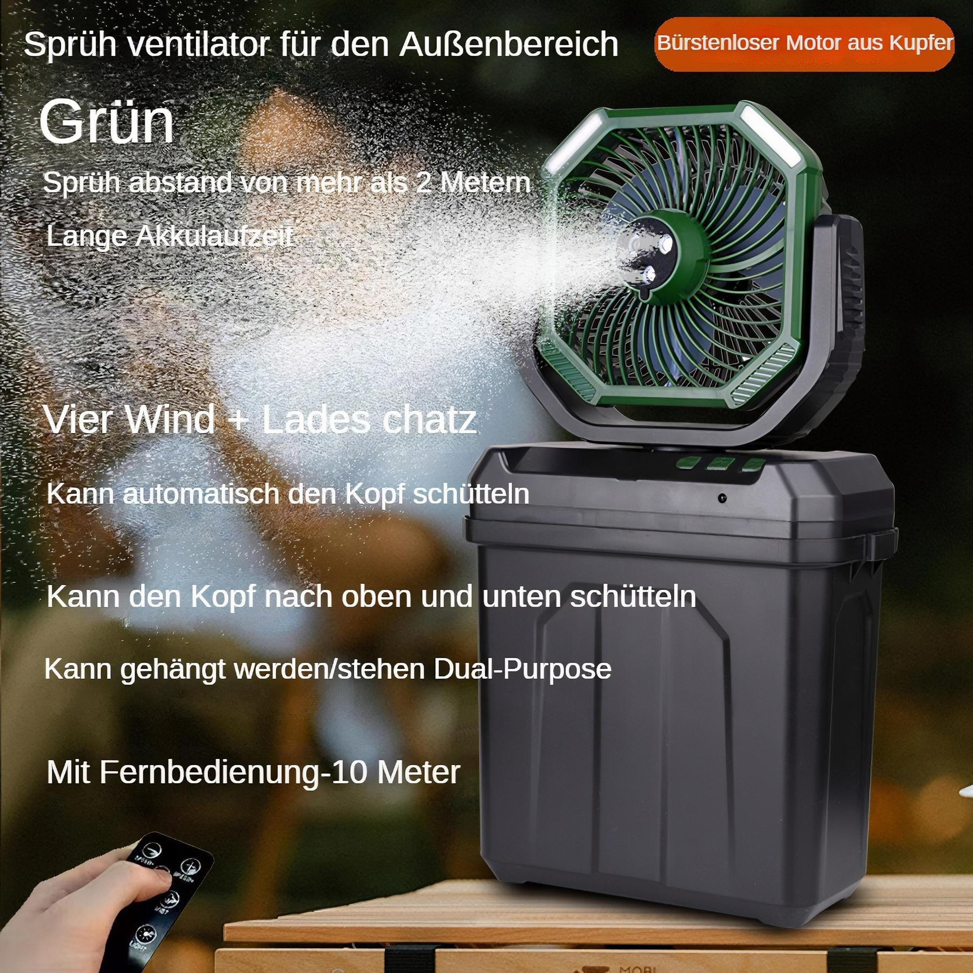 Ventilator, der Wasser sprüht, mit Text auf Deutsch.
