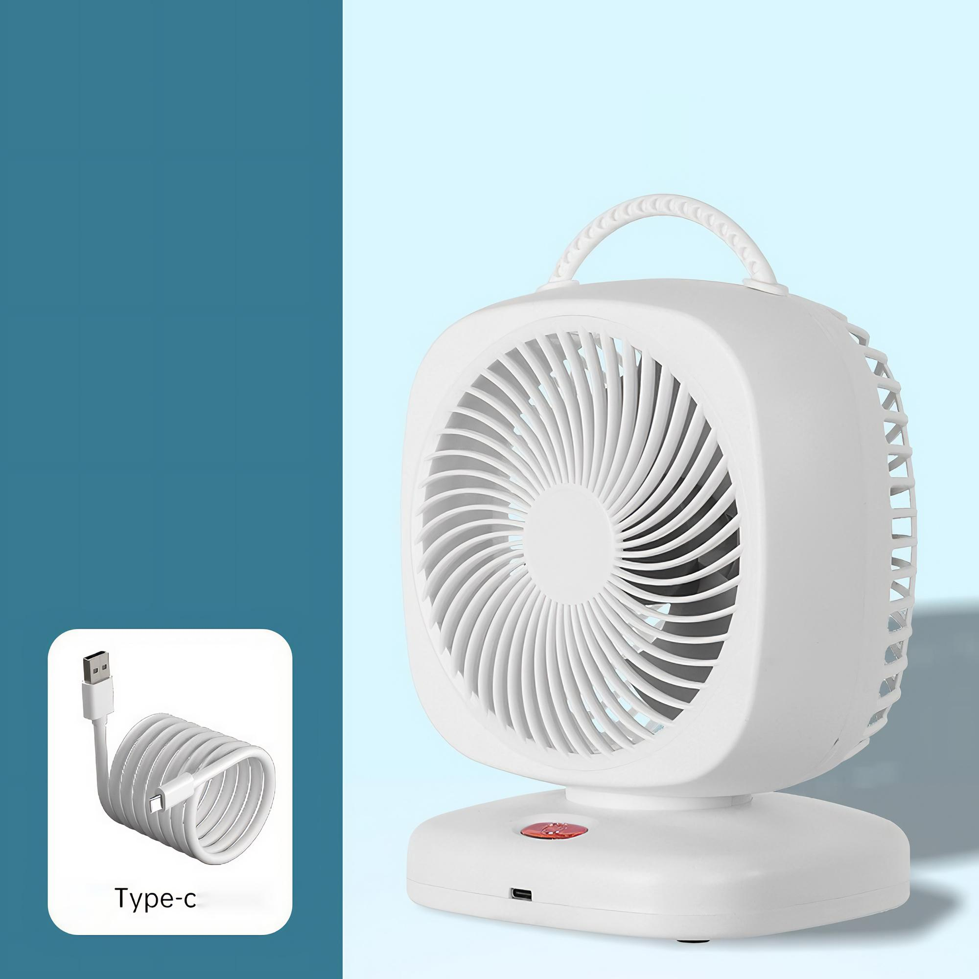 Weißer Ventilator mit Griff, Kabel und blauem Hintergrund.