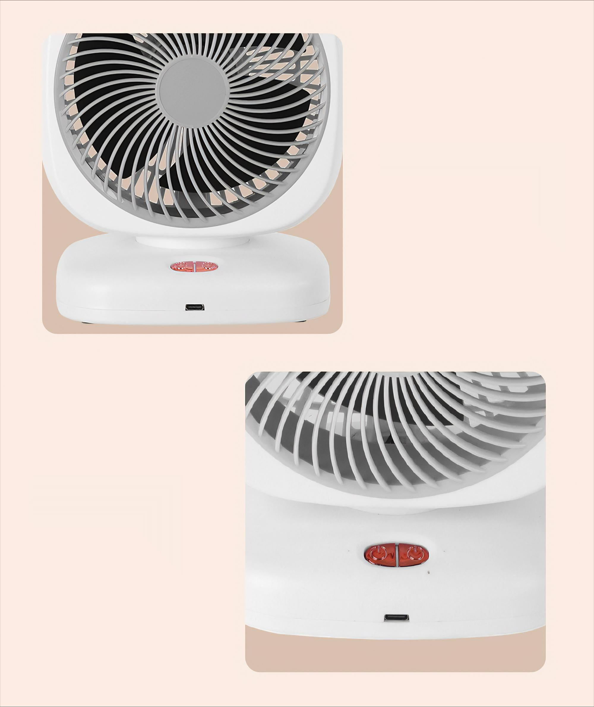 Nahaufnahme eines weißen Ventilators mit rotem Knopf auf hellem Hintergrund.