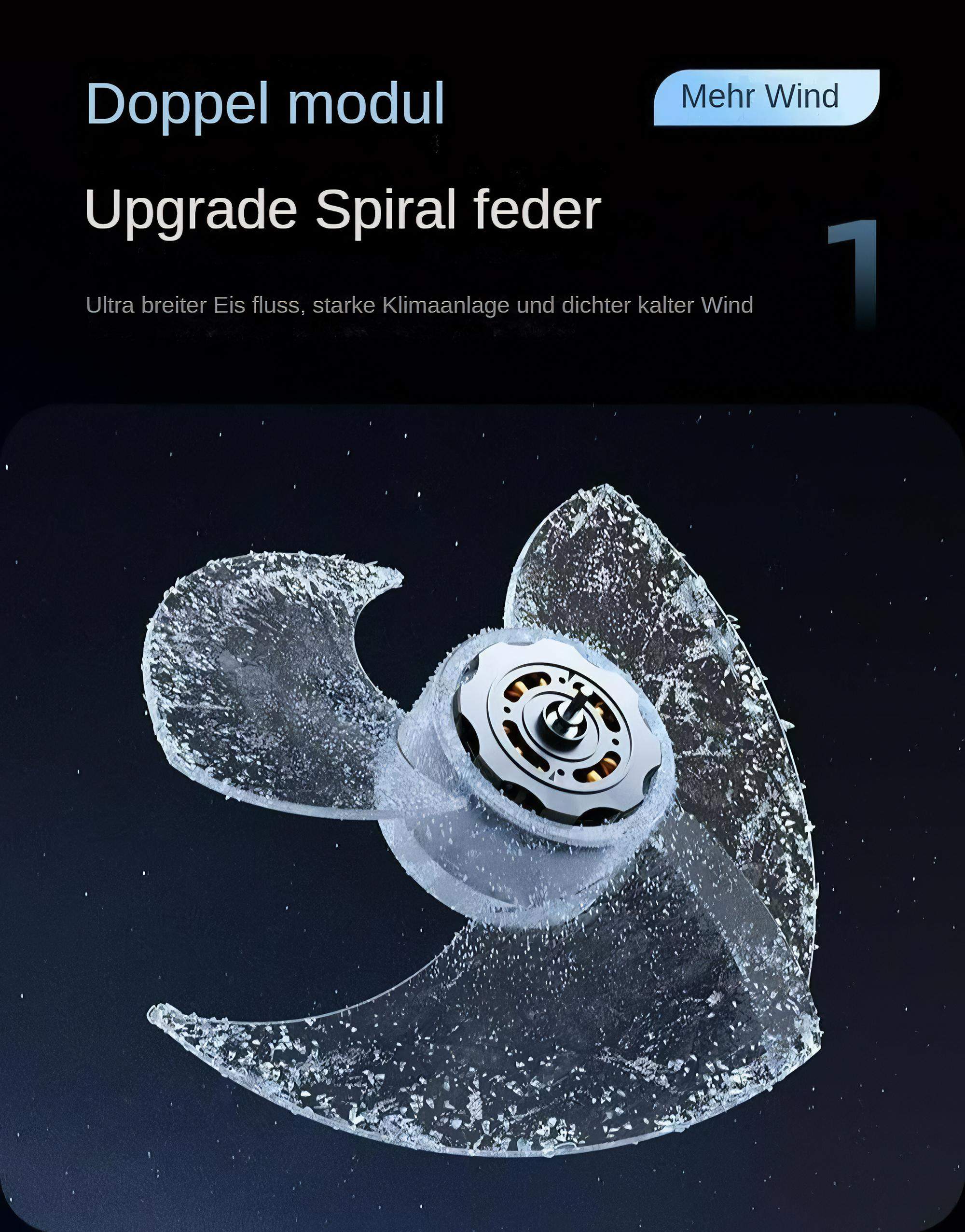 Eisfächerflügel mit Text über die Eigenschaften des Ventilators.