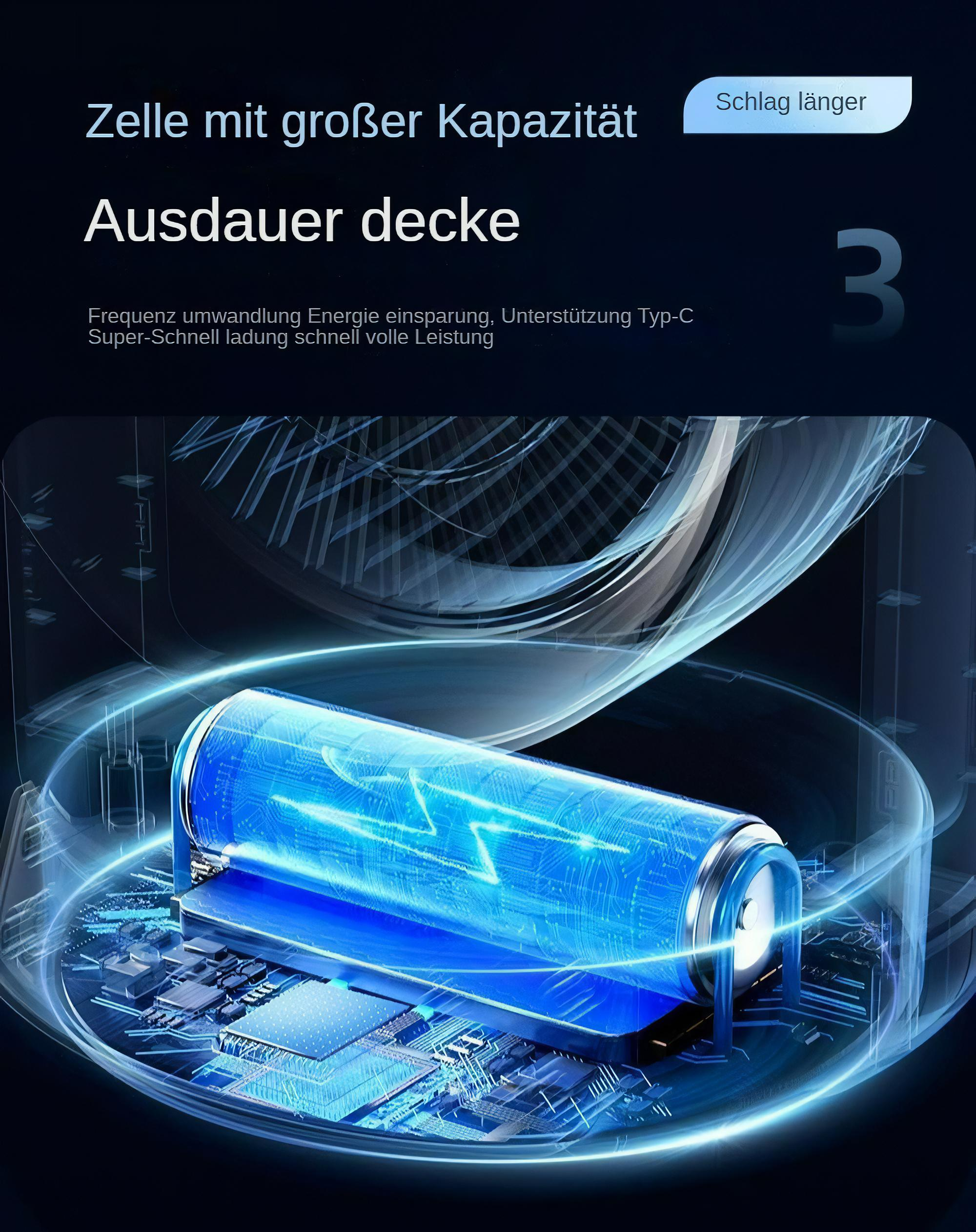 Eine blaue Batterieillustration mit elektrischen Energieeffekten auf einem dunkelgrauen Leiterplattenhintergrund.