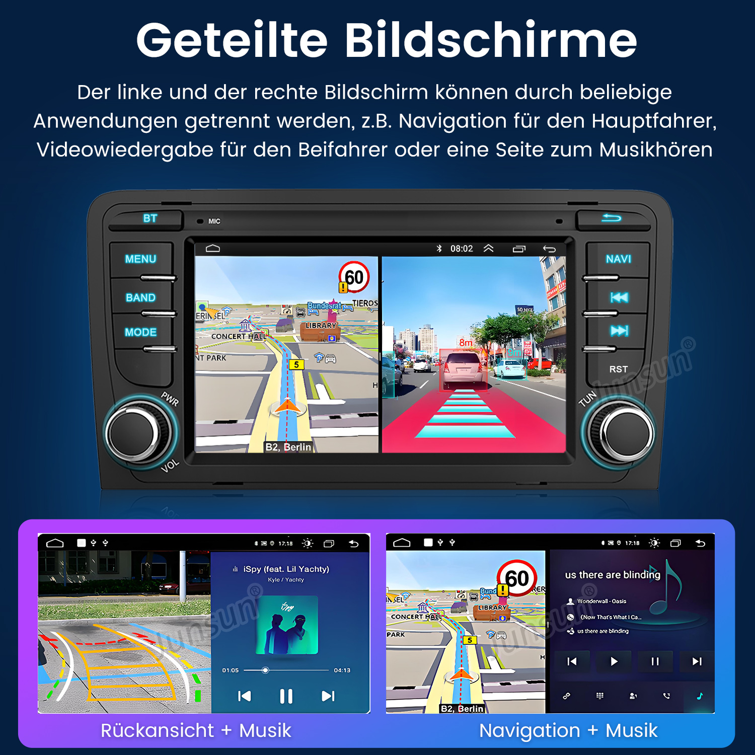 Auto-Infotainmentsystem mit Navigation und Musik auf einem geteilten Bildschirm, mit Karte und Musikplayer-Oberfläche.