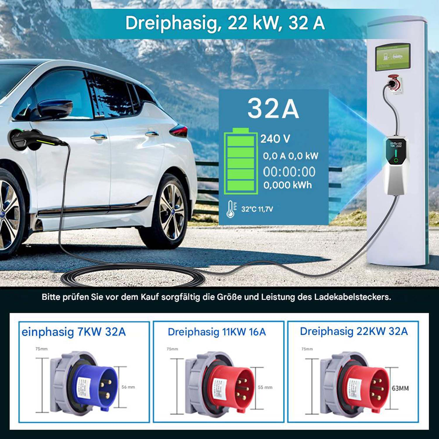 Samochód elektryczny jest ładowany, a stacja ładowania wyświetla specyfikacje techniczne i szczegóły dotyczące wtyczki.