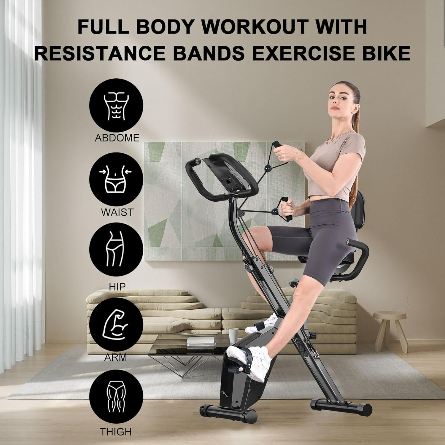 Obraz promuje trening całego ciała z rowerem treningowym z gumami oporowymi, ukierunkowany na brzuch, talię, biodra, ramiona i uda.