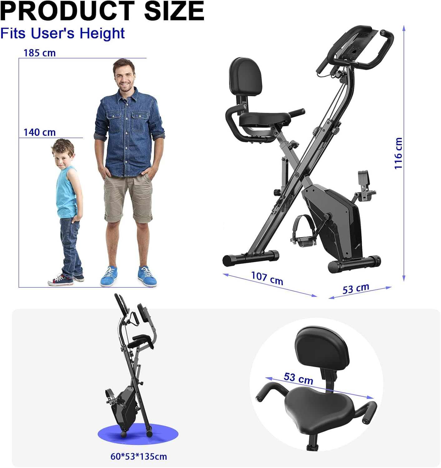 Obraz przedstawia rozmiar produktu roweru treningowego, dopasowanego do użytkowników o różnym wzroście, z wymiarami różnych komponentów.