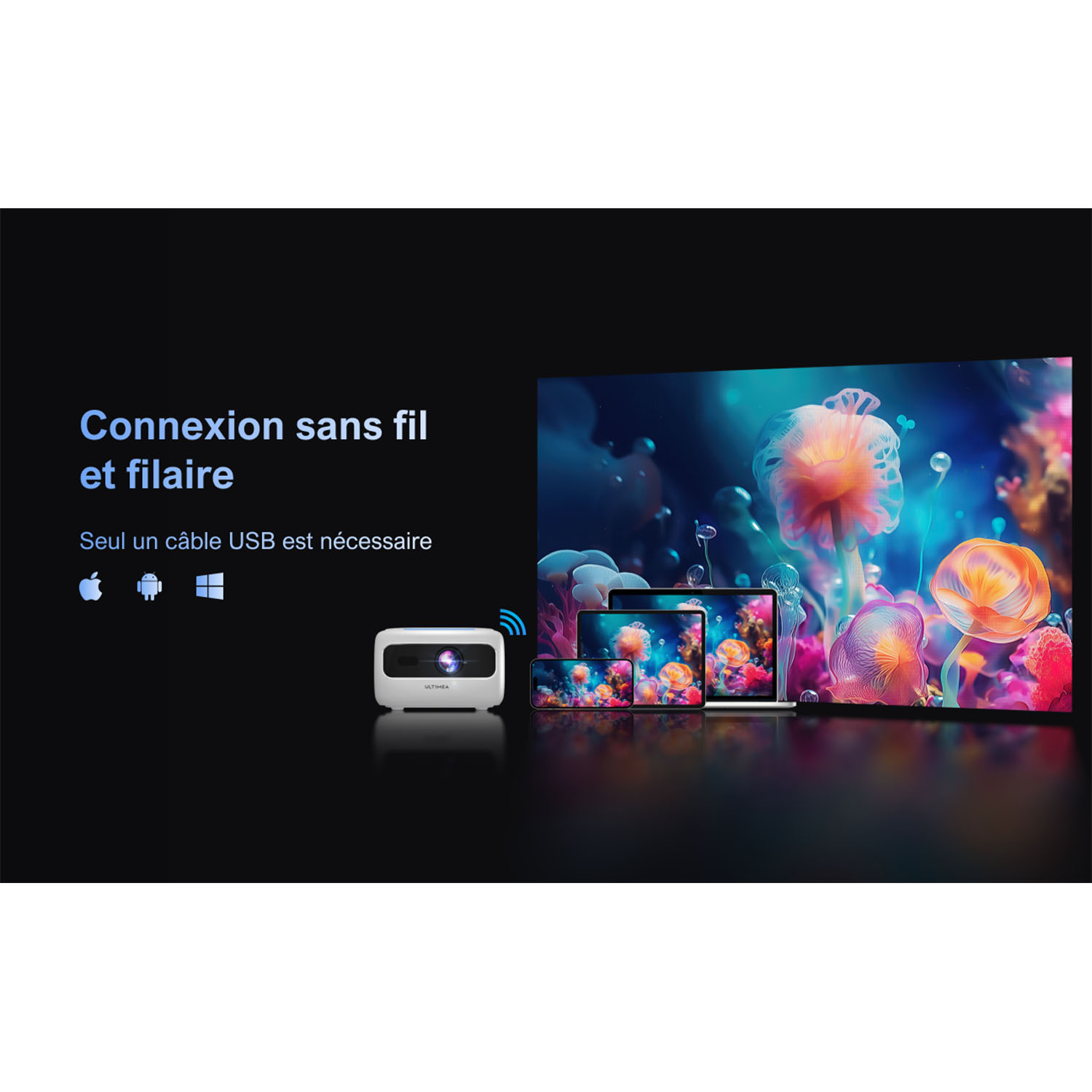 Un projecteur blanc se connecte sans fil aux appareils, affichant des scènes sous-marines vibrantes sur un écran.