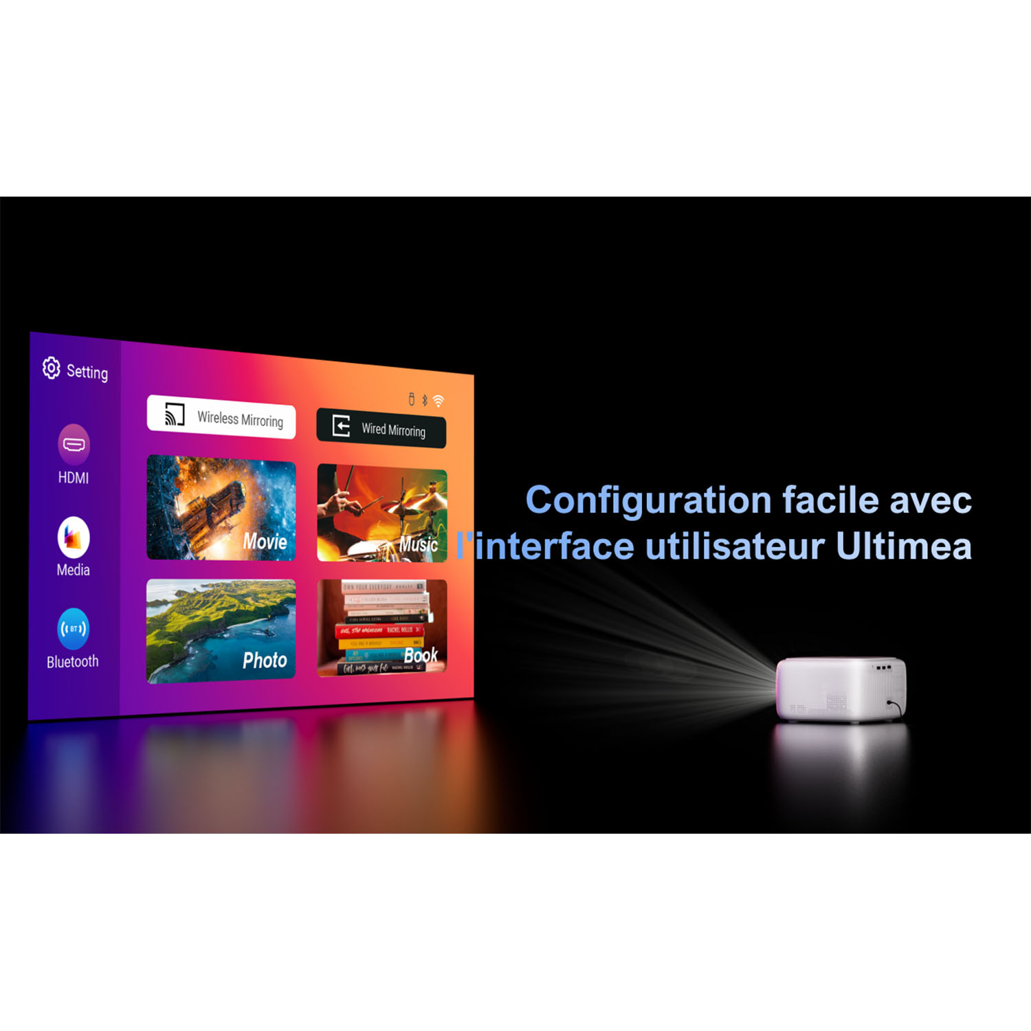 Le projecteur d'Ultima affiche une interface utilisateur facile à configurer avec des options telles que « Film », « Musique » et « Photo » sur un écran.