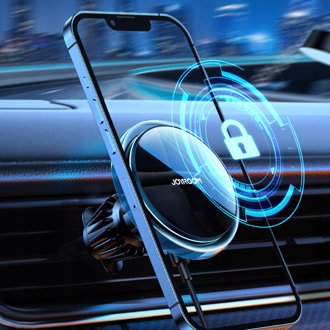 Smartfon jest magnetycznie przymocowany do uchwytu wentylacyjnego samochodu, z nałożoną niebieską grafiką zamka.