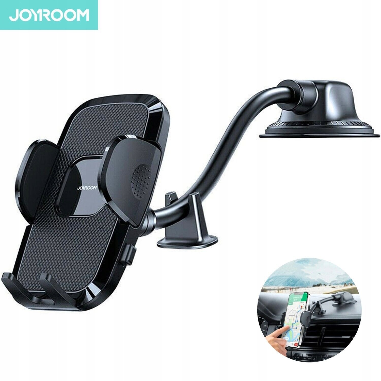 Czarny uchwyt na telefon Joyroom z podstawą z przyssawką i regulowanym ramieniem, z wkładką pokazującą użycie.