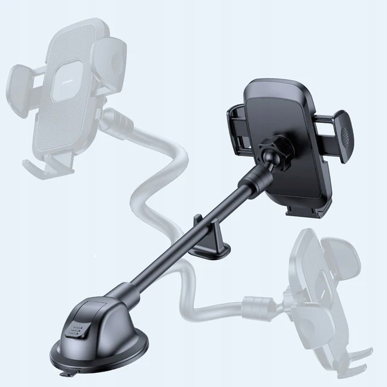 Czarny uchwyt na telefon z podstawą z przyssawką i regulowanym ramieniem, pokazany pod różnymi kątami za pomocą efektu przezroczystości.
