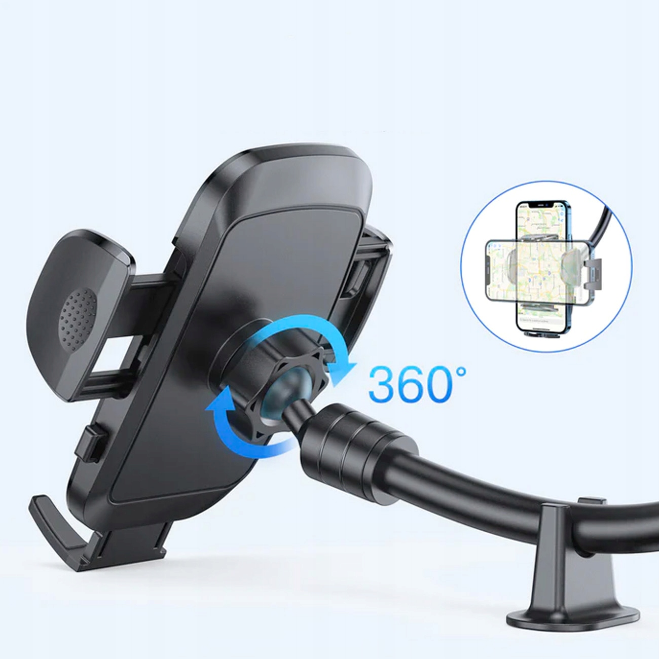 Czarny uchwyt na telefon pokazujący obrót o 360 stopni z niebieskimi strzałkami na jasnoniebieskim tle.