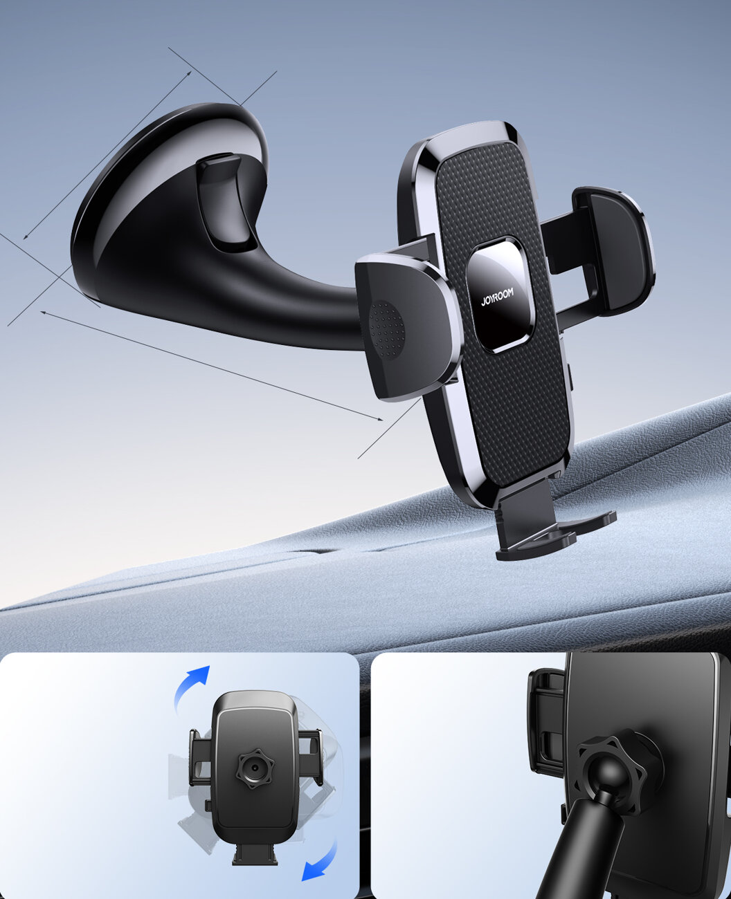 Uchwyt do telefonu samochodowego, pokazujący mocowanie na przyssawkę i regulację, ze szczegółami projektu.