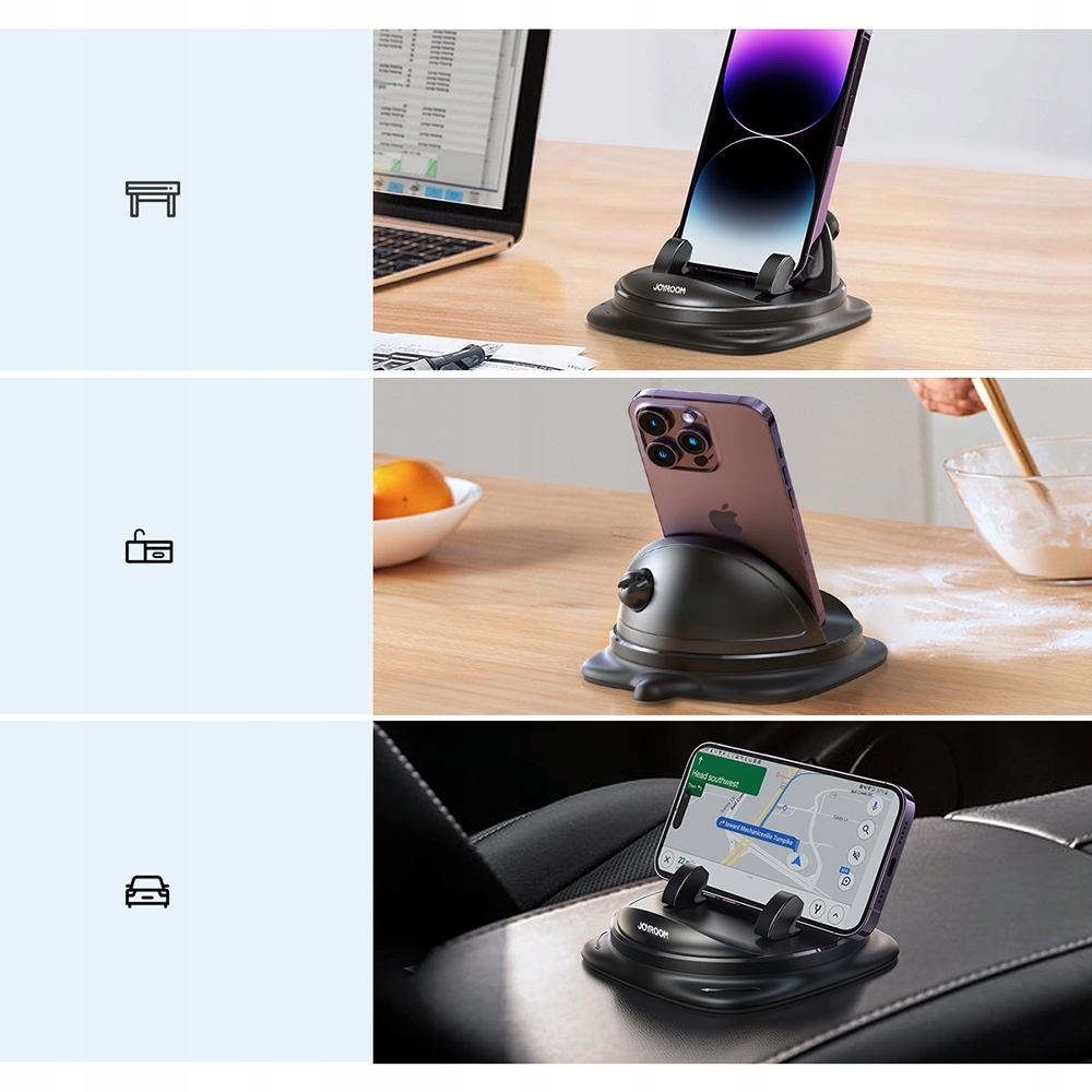 Kolaż stojaków na telefony z telefonami w różnych ustawieniach i na różnych tłach.