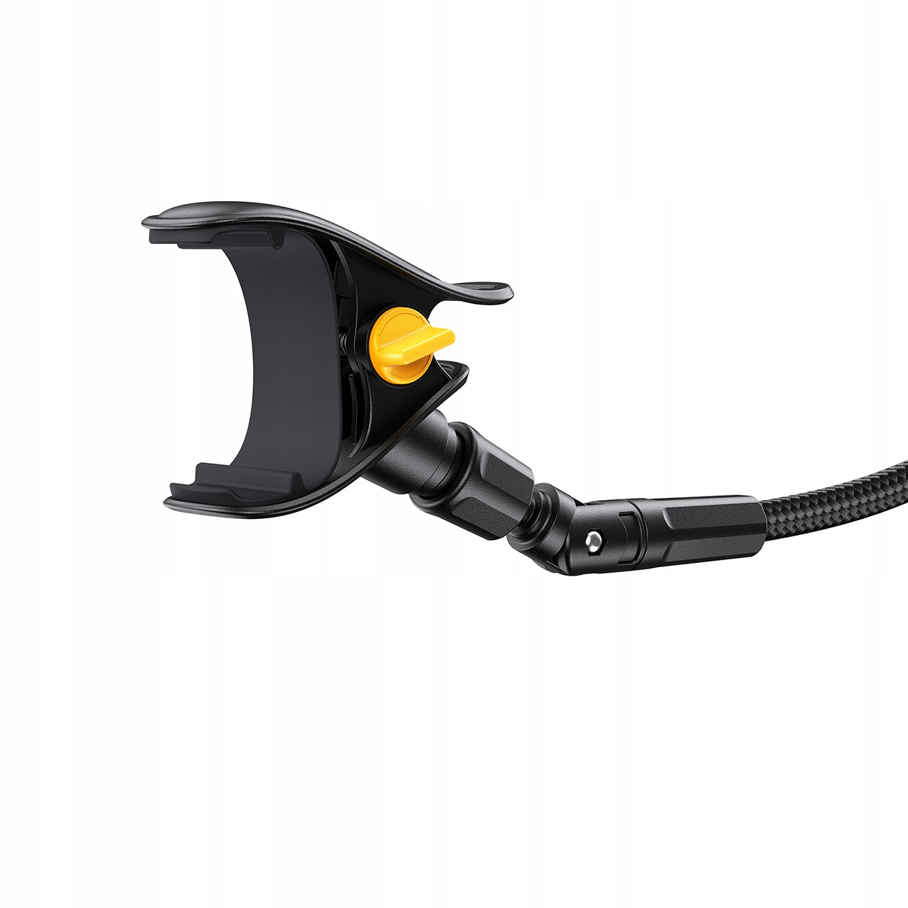 Zbliżenie zacisku telefonu na czarnym, elastycznym stojaku na telefon z żółtym pokrętłem.