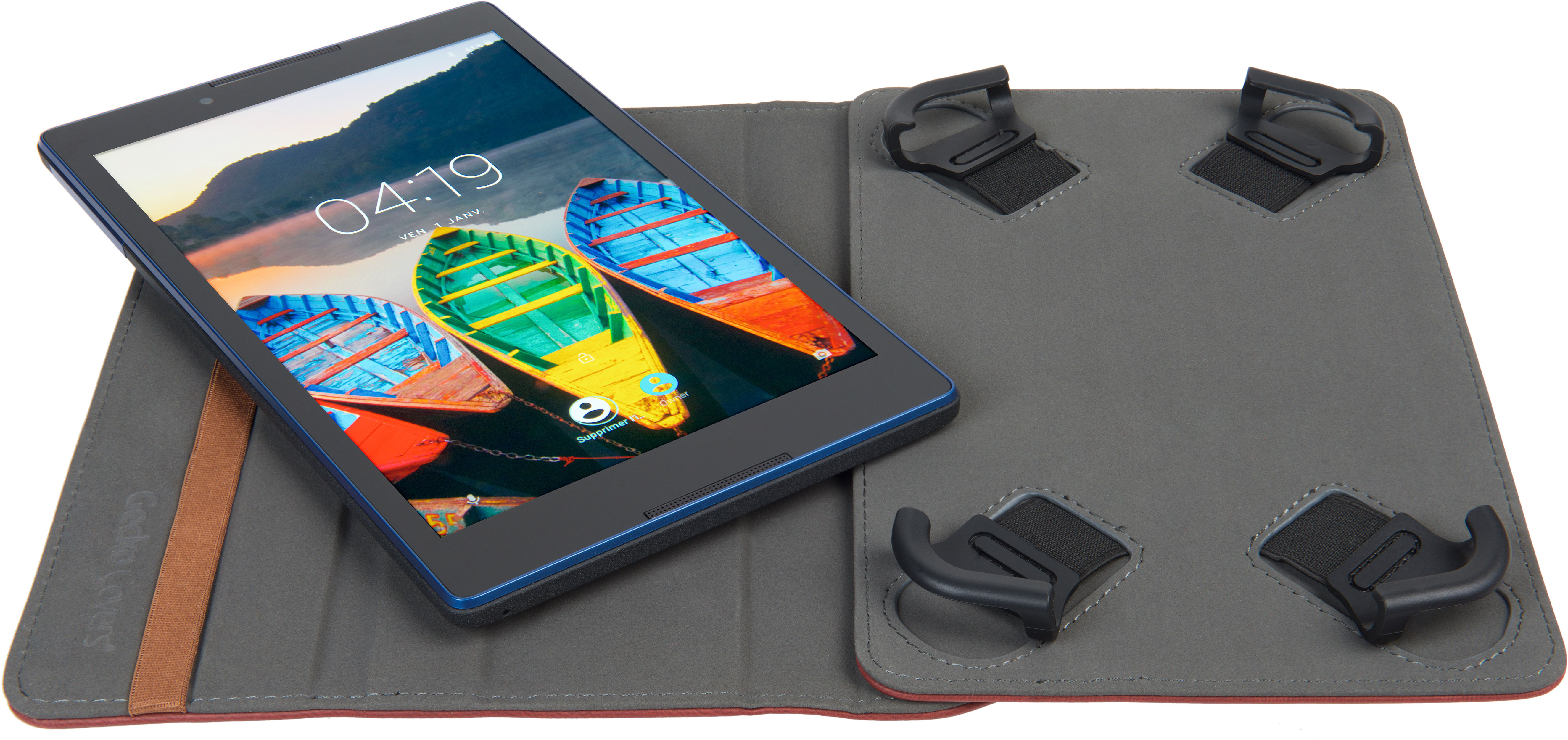Tablet mit buntem Boots-Hintergrundbild auf einem grauen Gehäuse. Zeit ist 04:19.