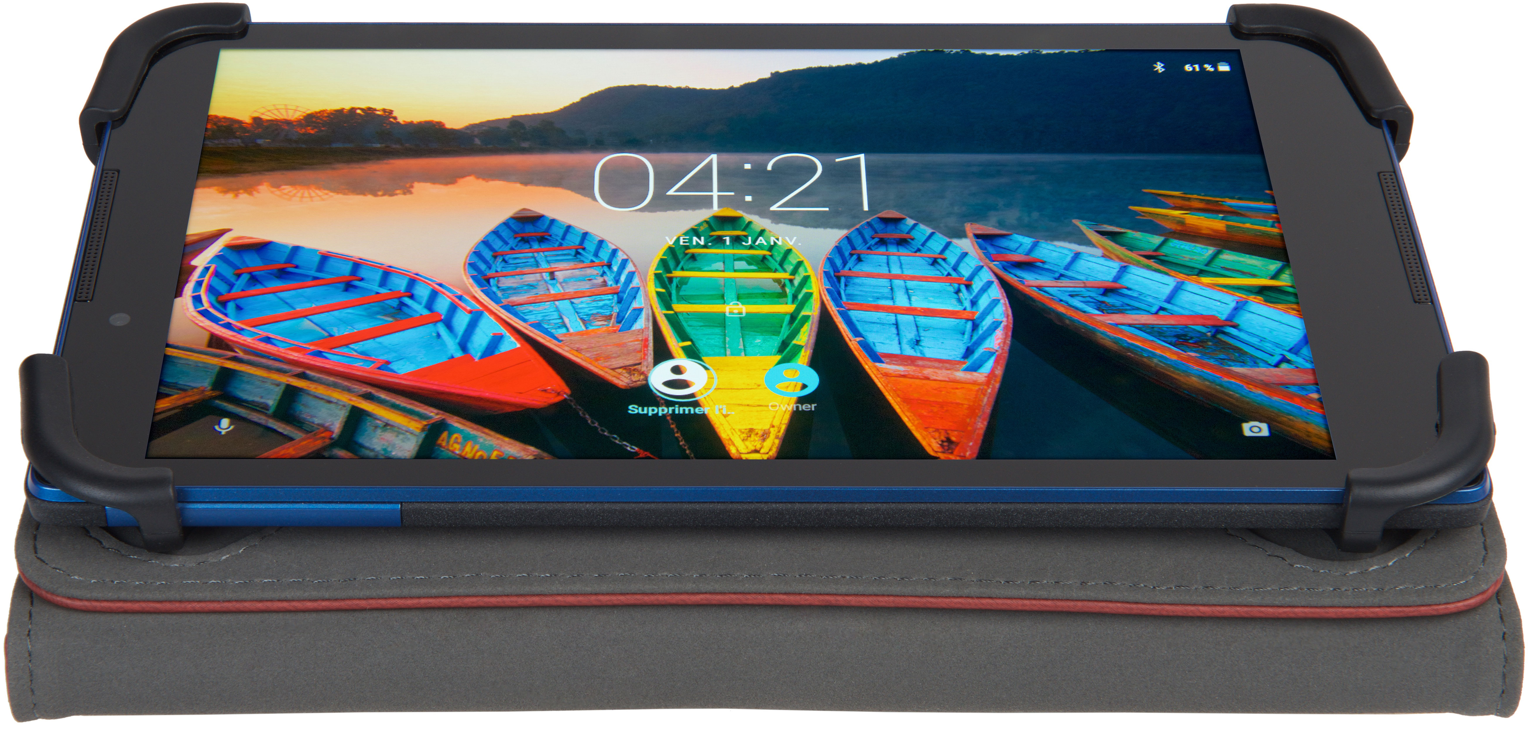 Tablet mit buntem Boots-Hintergrundbild auf einem grauen Gehäuse. Zeit ist 04:21, Akku bei 61 %.