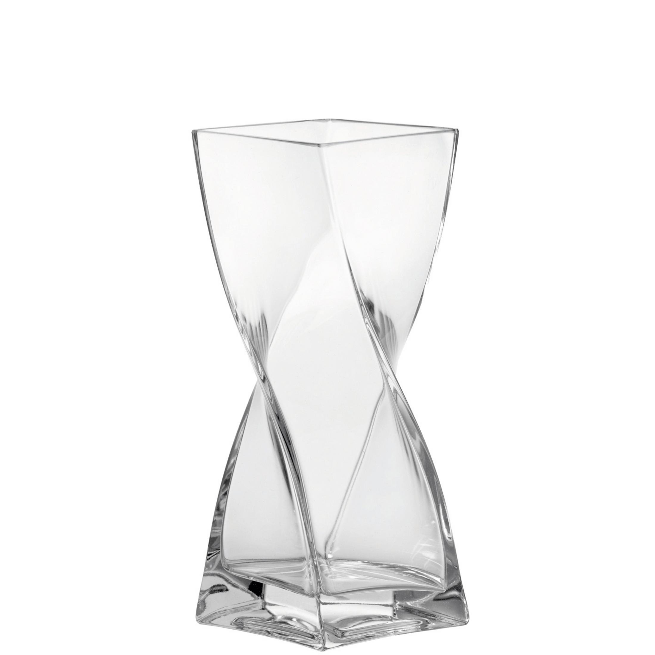 Klarvase mit einem gedrehten Design. Sie ist hoch und hat einen quadratischen Sockel.