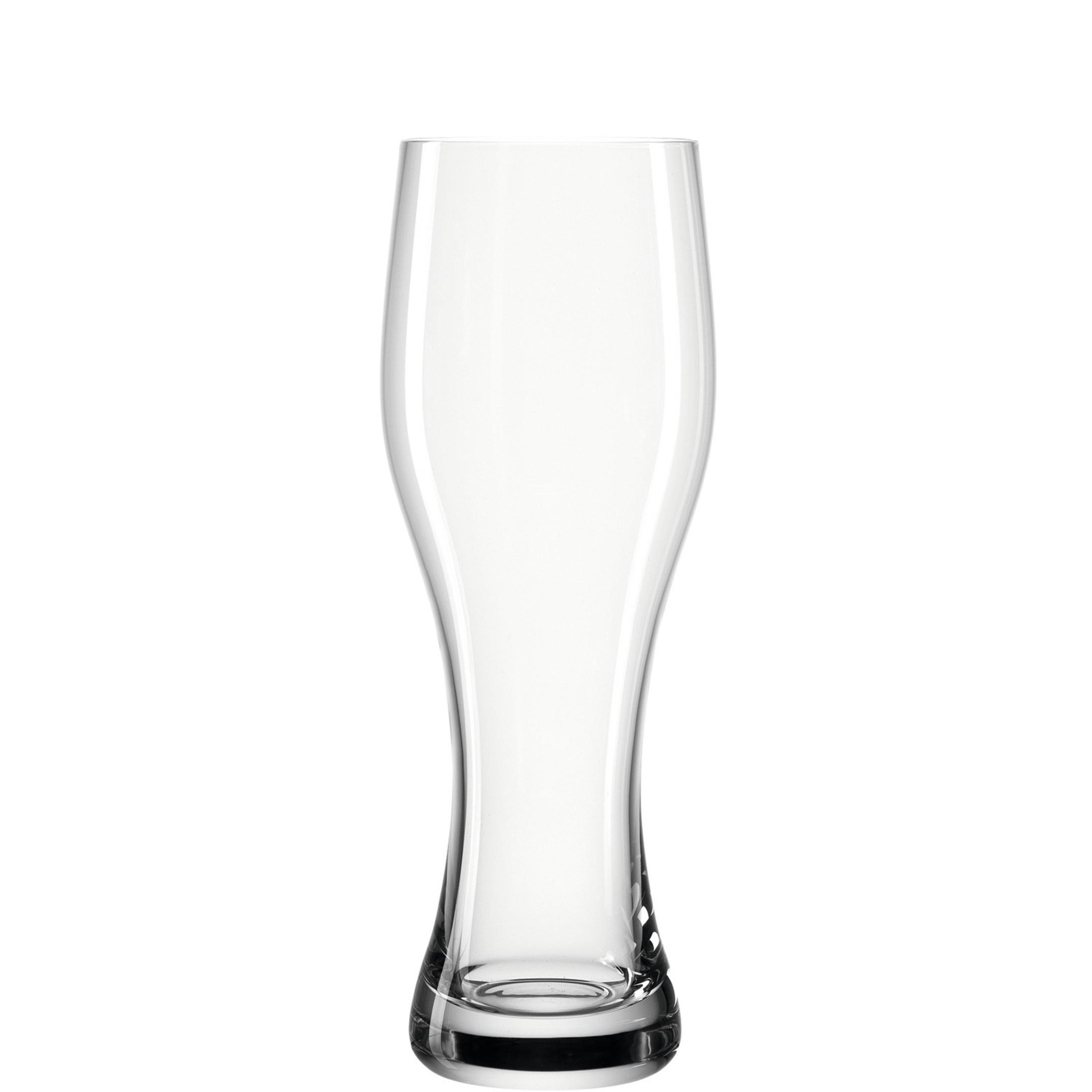 Ein einzelnes, klares Bierglas steht hoch vor einem weißen Hintergrund, leer und wartet auf ein Getränk.