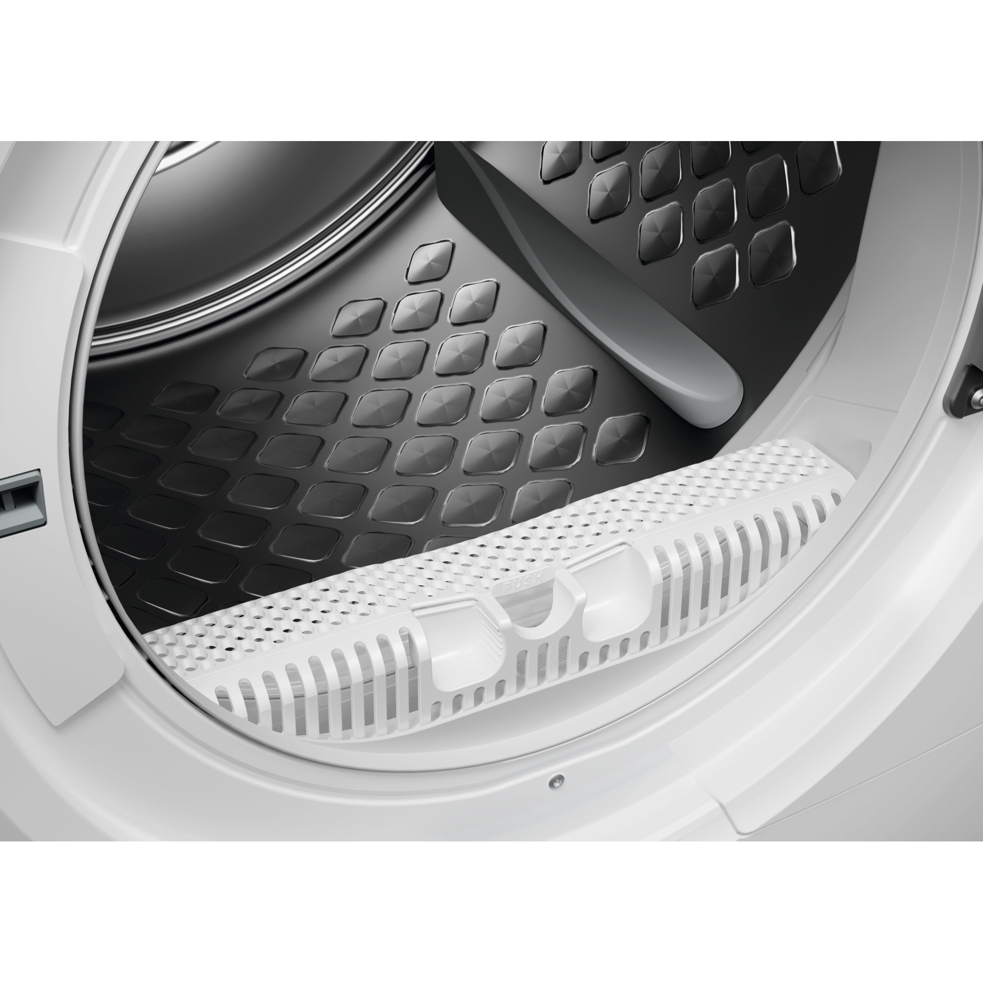 El interior de un electrodoméstico blanco con una superficie gris texturizada y un filtro blanco.
