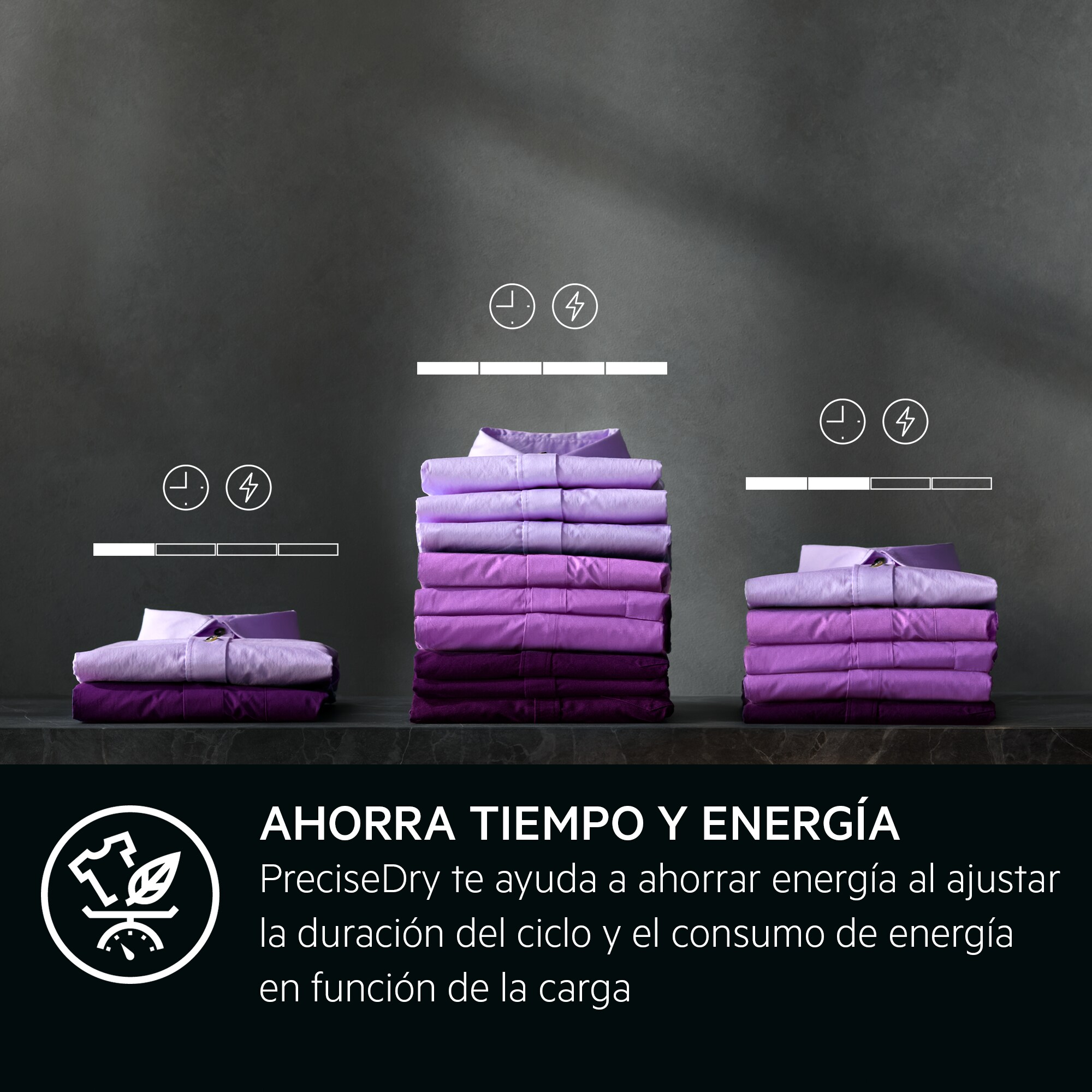 La imagen muestra el texto "Ahorra tiempo y energía" con camisas apiladas y elementos gráficos.