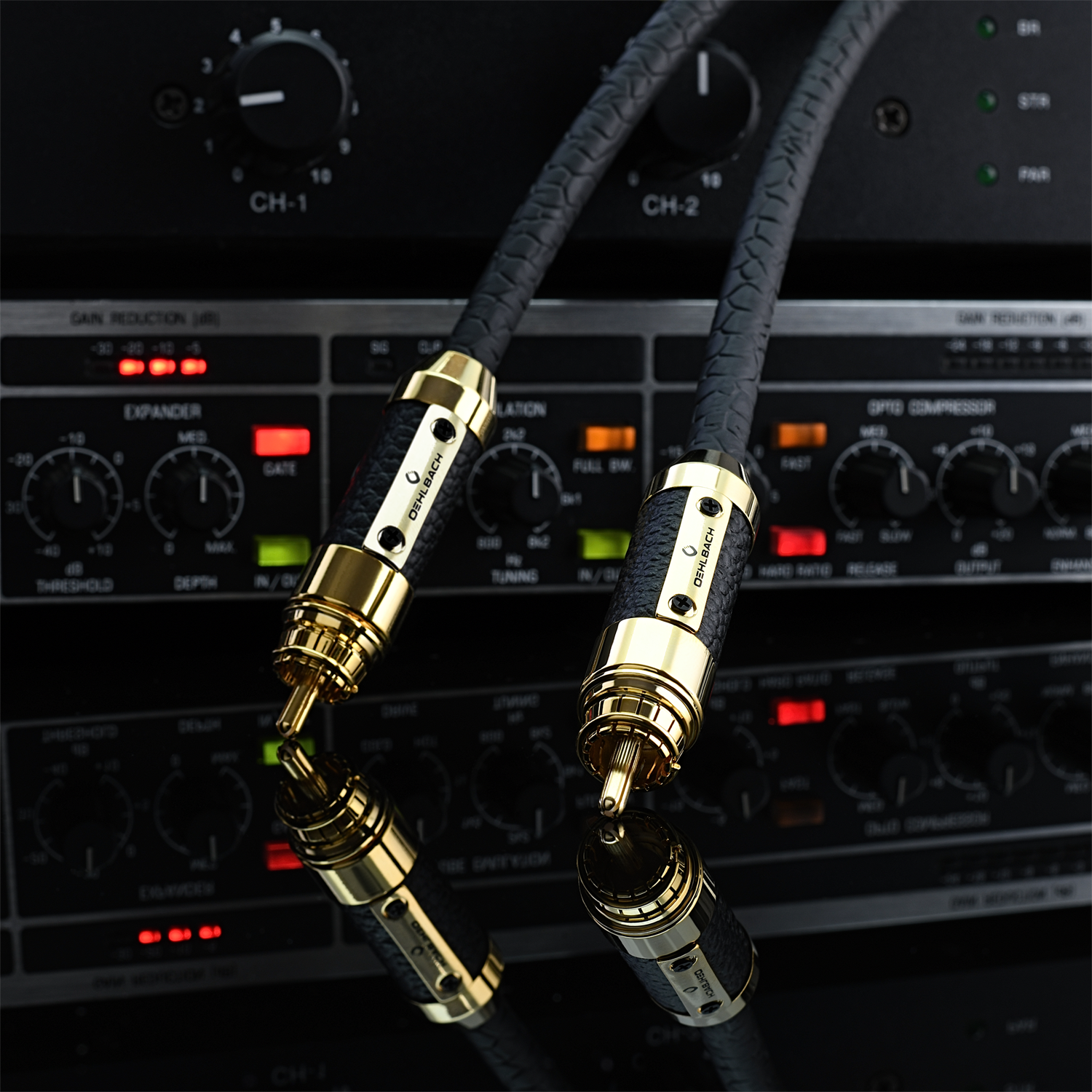 Zwei schwarze und goldene Audiokabel, die in ein Audiogerät eingesteckt sind und sich auf einer glänzenden Oberfläche spiegeln.