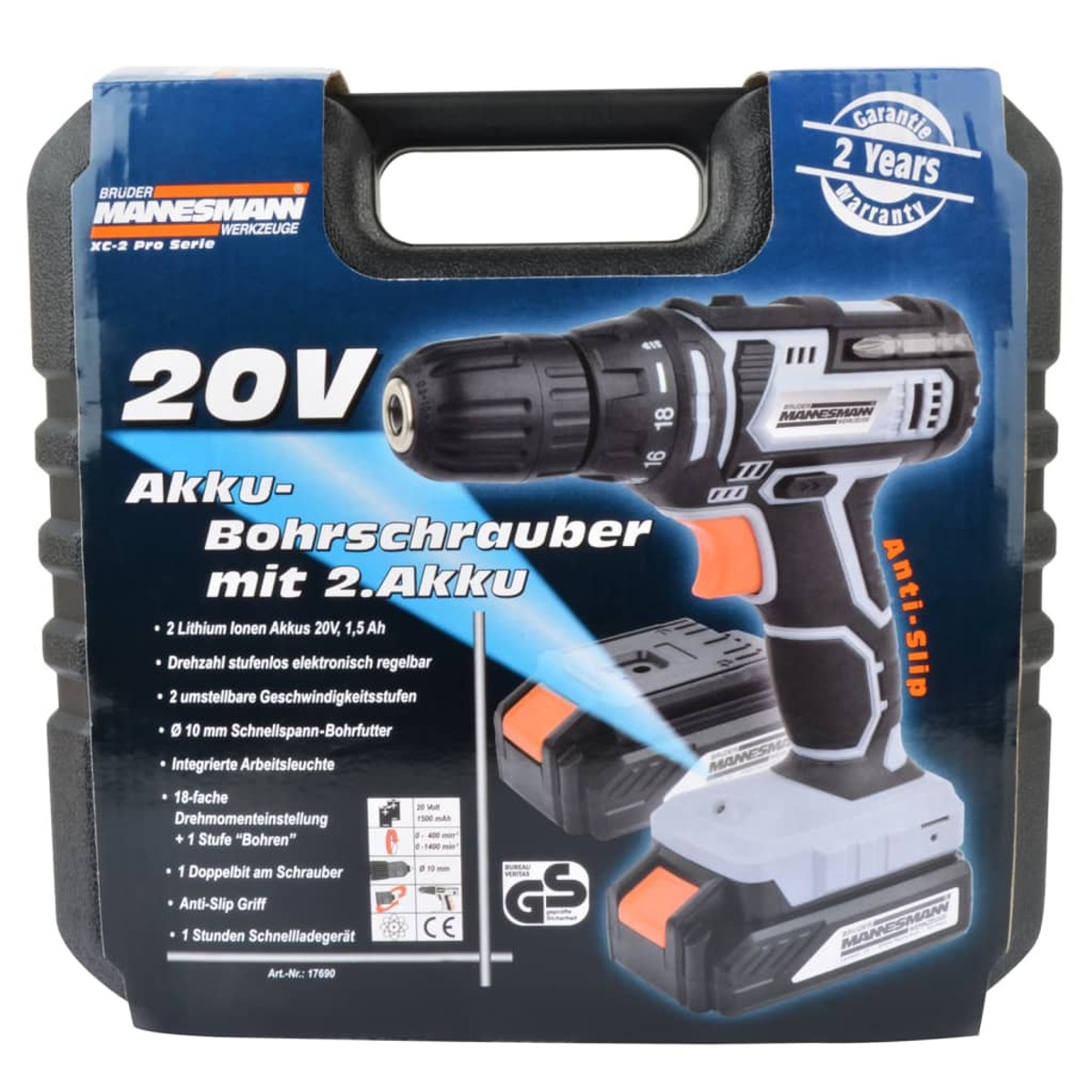 Ein Akku-Bohrschrauber mit zwei Akkus in einem schwarzen Tragekoffer mit Bruder Mannesmann-Logo.