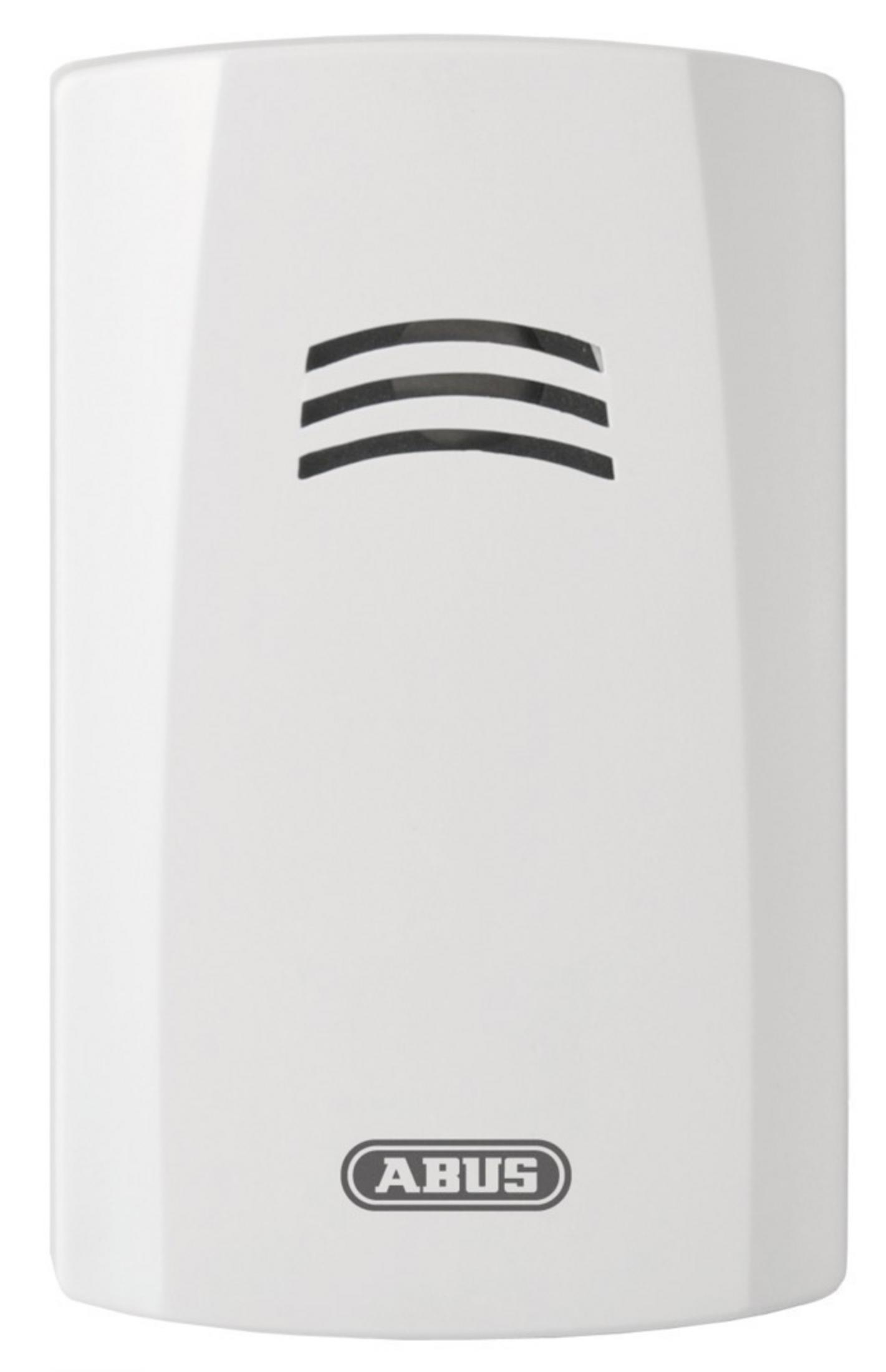 Eine weiße ABUS-Alarmbox mit Grilllinien auf der Vorderseite. Die Oberfläche ist glatt und das ABUS-Logo befindet sich auf der Unterseite.